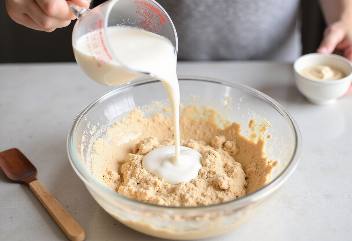Vertiendo leche de almendras en la mezcla para bizcocho de cacao sin azúcar.