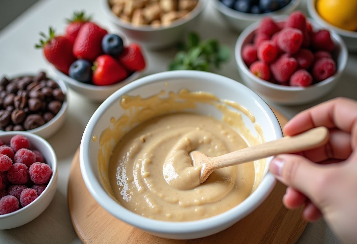Mezclando la masa de bizcocho de cacao sin azúcar con ingredientes saludables.