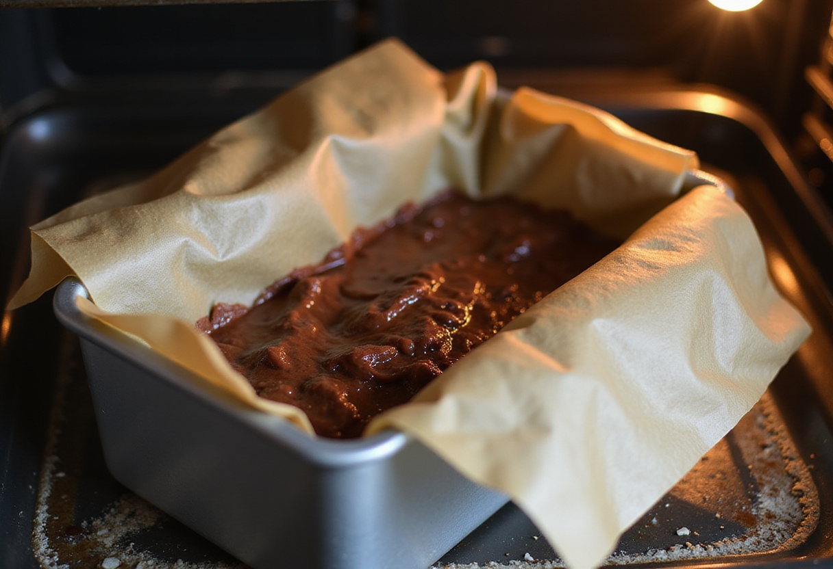 Llenando un molde con masa de bizcocho de cacao sin azúcar, listo para hornear.