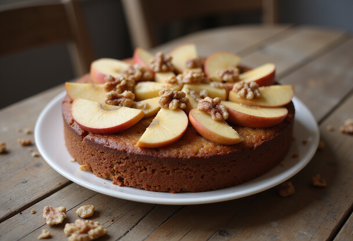 Bizcocho de manzana y nueces sin gluten, una deliciosa opciĂłn de postre saludable.
