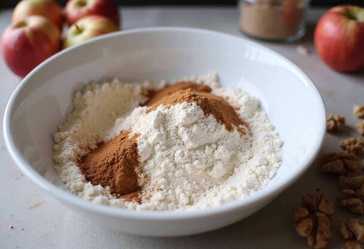 Preparando los ingredientes secos para el bizcocho sin gluten de manzana y nueces.