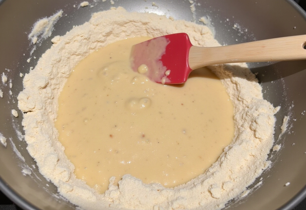 IntegraciĂłn de ingredientes para el bizcocho vegano de manzana y nueces sin huevo.