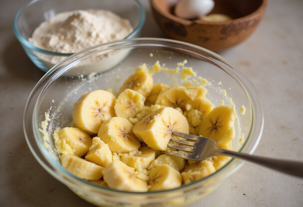 Mash de plátanos en un bol para hacer bizcocho de plátano sin azúcar.