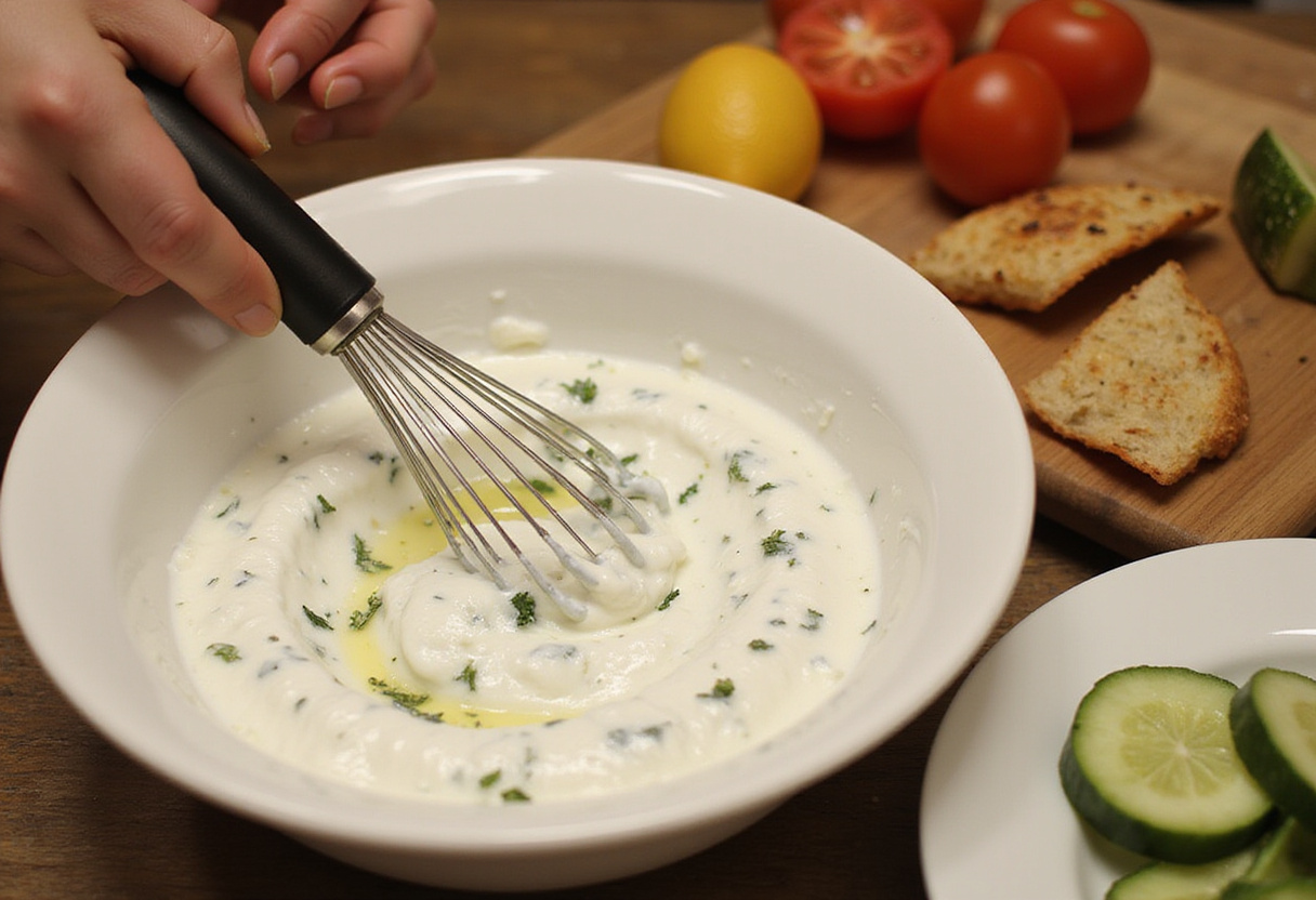 Greek yogurt dip mixed for bocadillos bajos en calorías, ideal para dipear verduras.