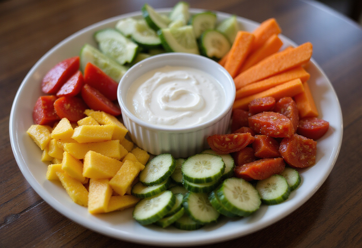 Platter of fresh vegetables and yogurt dip, showcasing recetas de bocadillos saludables.