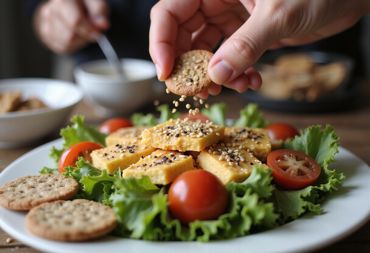 Sesame seeds being sprinkled on bocadillos nutritivos for extra flavor and texture.