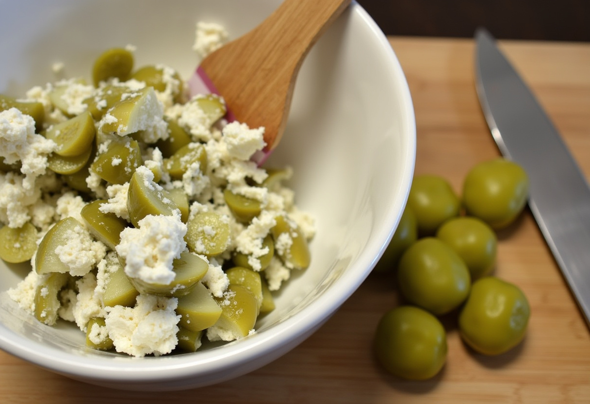 Bol con pepinillos picados y crema de queso para bocaditos con sabor a pepinillos.