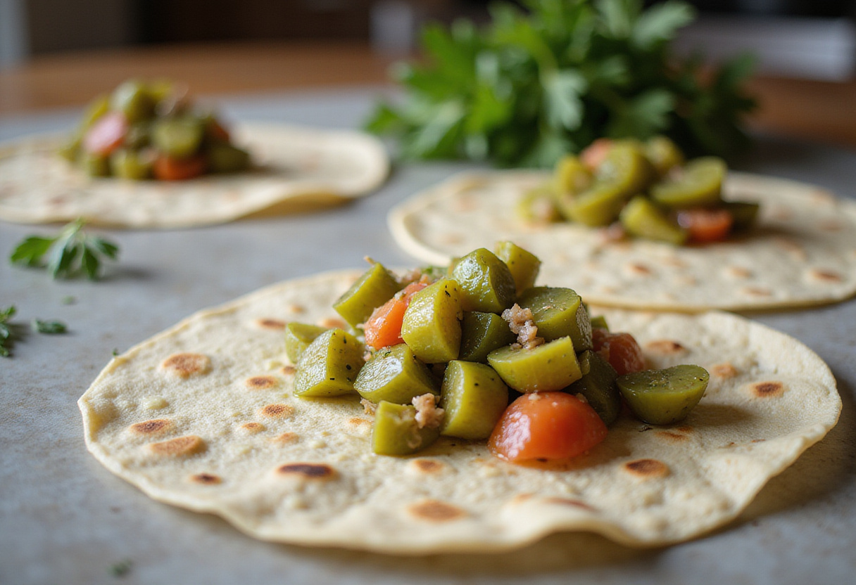 Tortillas listas para rellenar con la mezcla de pepinillos para bocaditos con sabor a pepinillos.