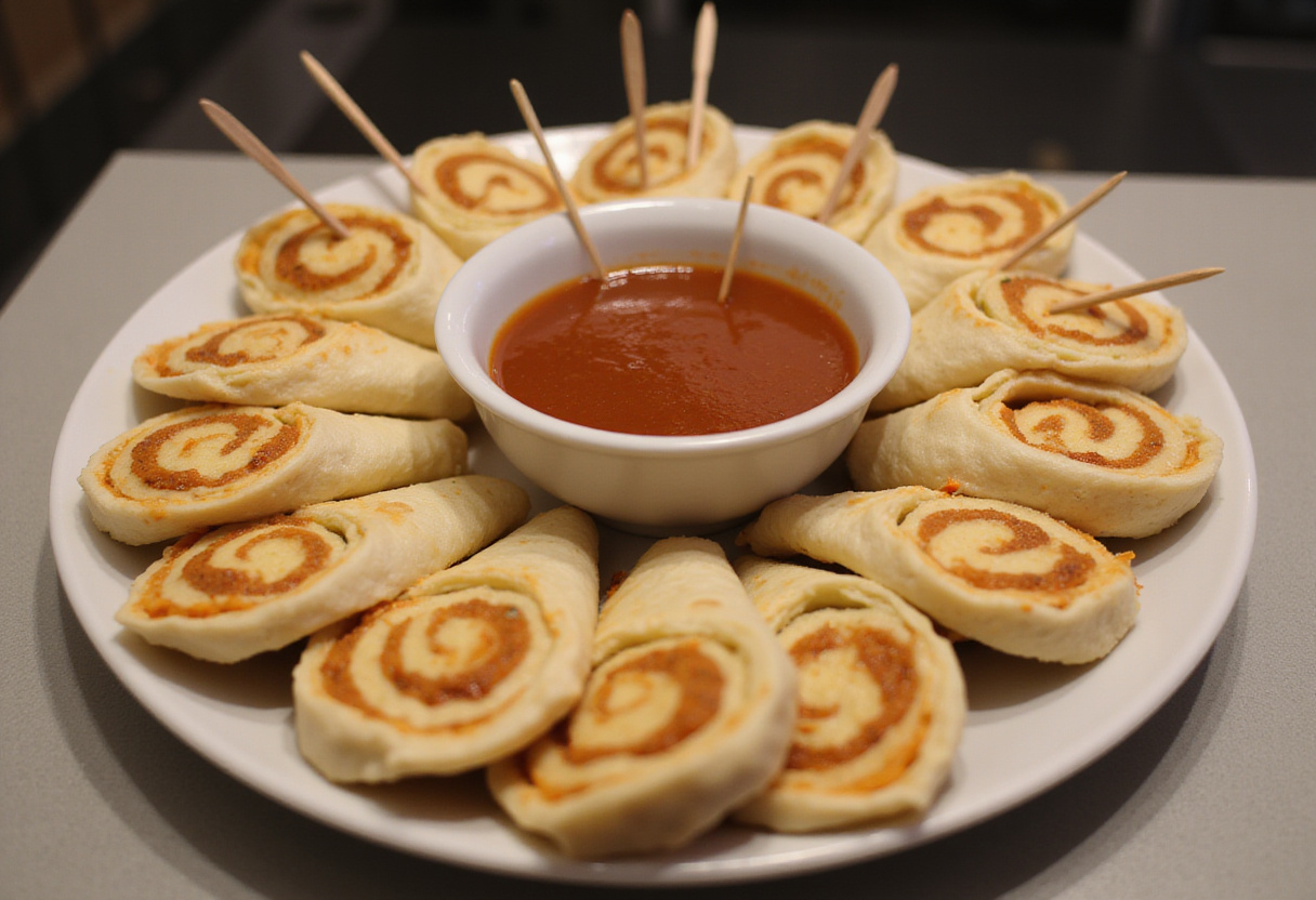 Pinwheels de bocaditos con sabor a pepinillos en un plato, listos para servir.