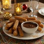 Bocaditos de churro dorados listos para servir con salsa de chocolate, ideales para una dulce tentación.