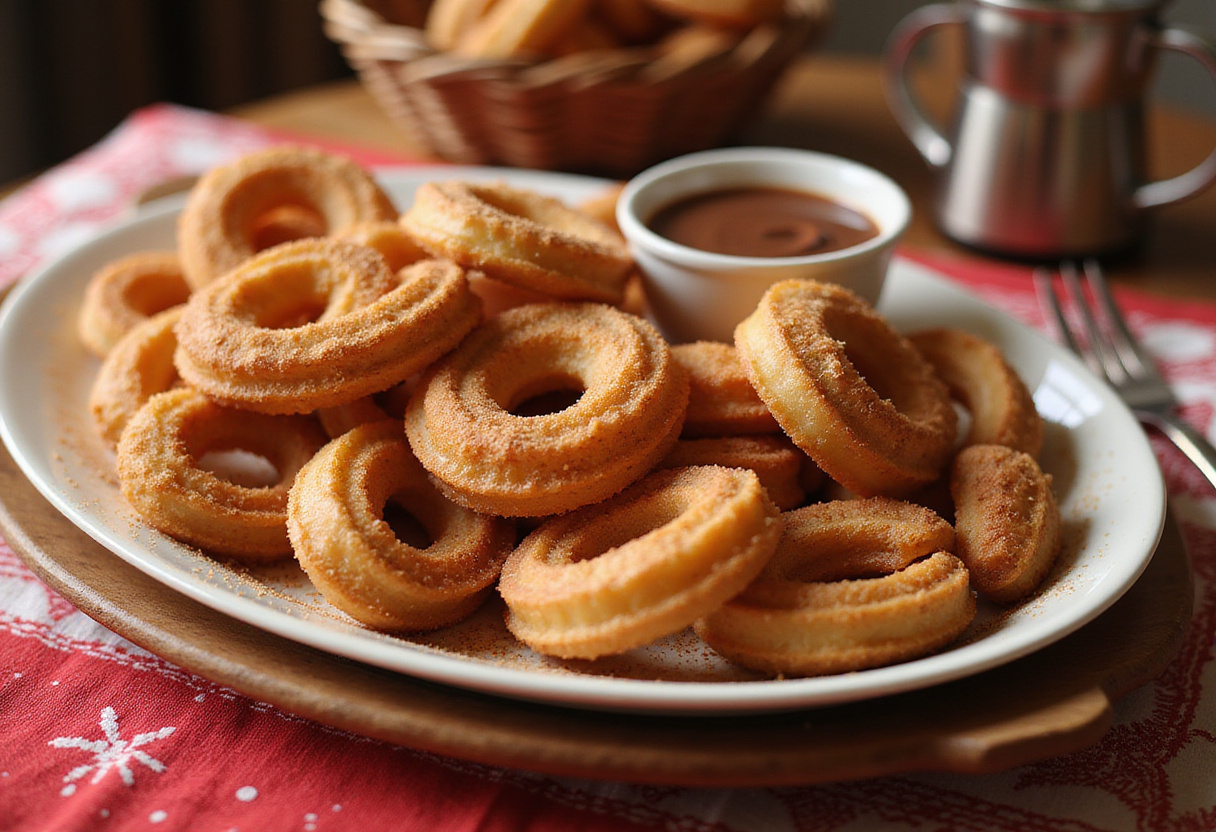 Bocaditos de churro dorados listos para servir con salsa de chocolate, ideales para una dulce tentación.