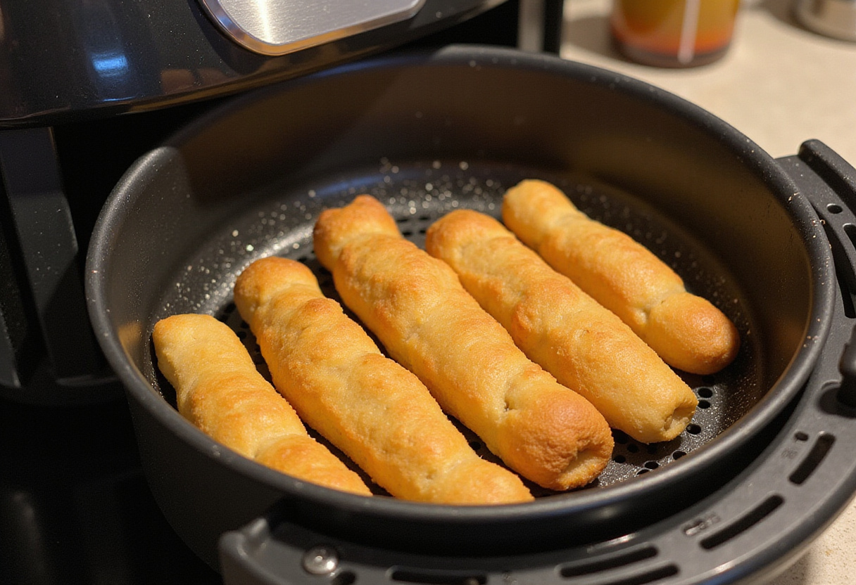 Piezas de masa de churro colocadas en la freidora de aire para cocinar bocaditos de churro.