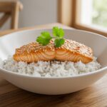 Bowl de arroz con salmón terminado, una comida saludable y deliciosa lista para servir.