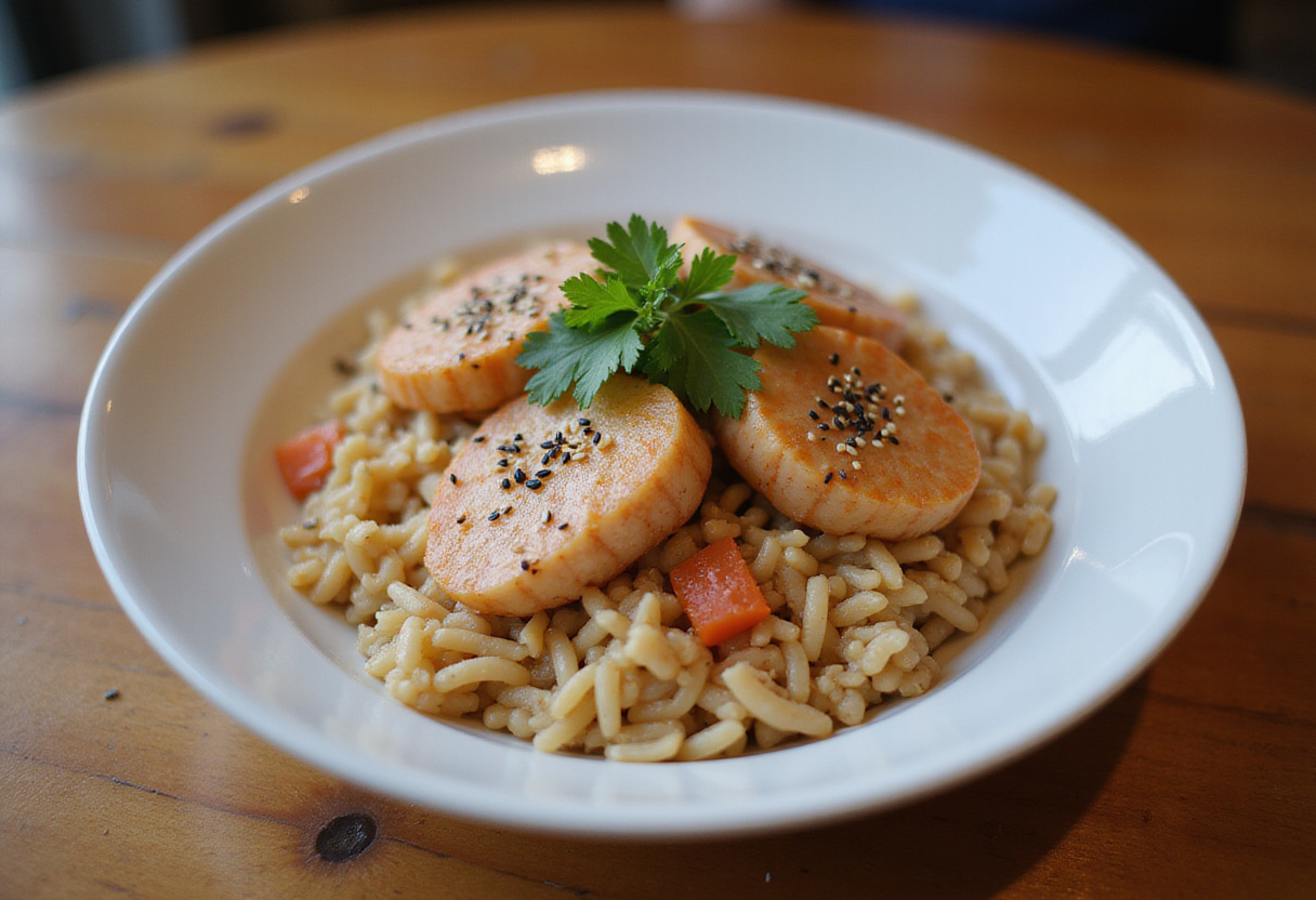 Bowl de arroz con salmón terminado, una comida saludable y deliciosa lista para servir.