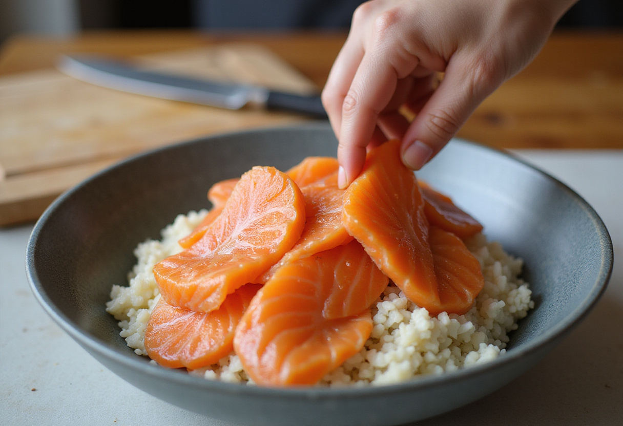 Salmón fresco colocado sobre arroz en un bowl para la receta de comida saludable.