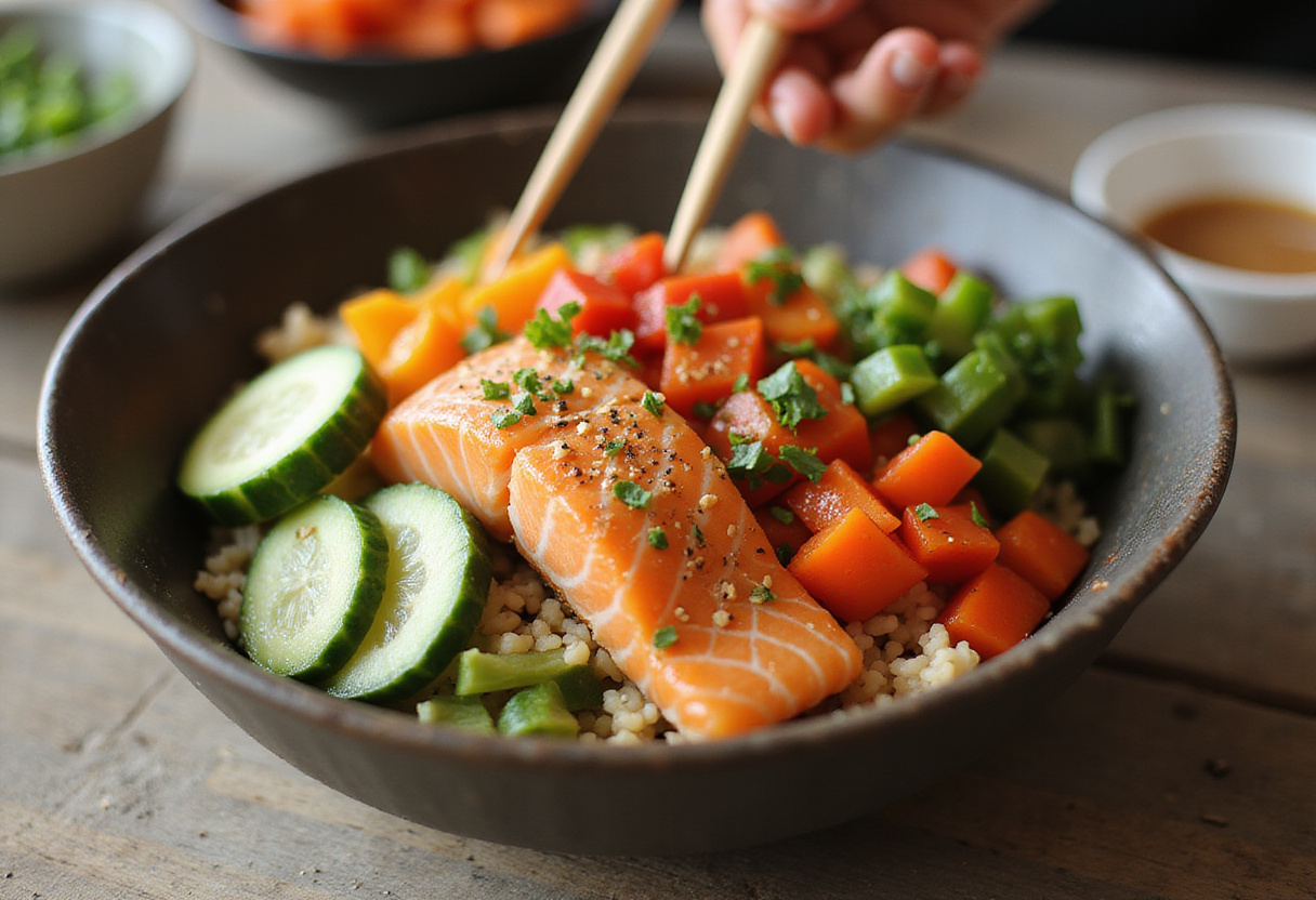 Verduras frescas añadiendo color y sabor al bowl de arroz con salmón.