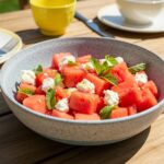 Bowl de ensalada de sandía y feta terminado, refrescante y colorido, ideal para disfrutar en verano.
