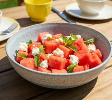 Bowl de ensalada de sandía y feta terminado, refrescante y colorido, ideal para disfrutar en verano.