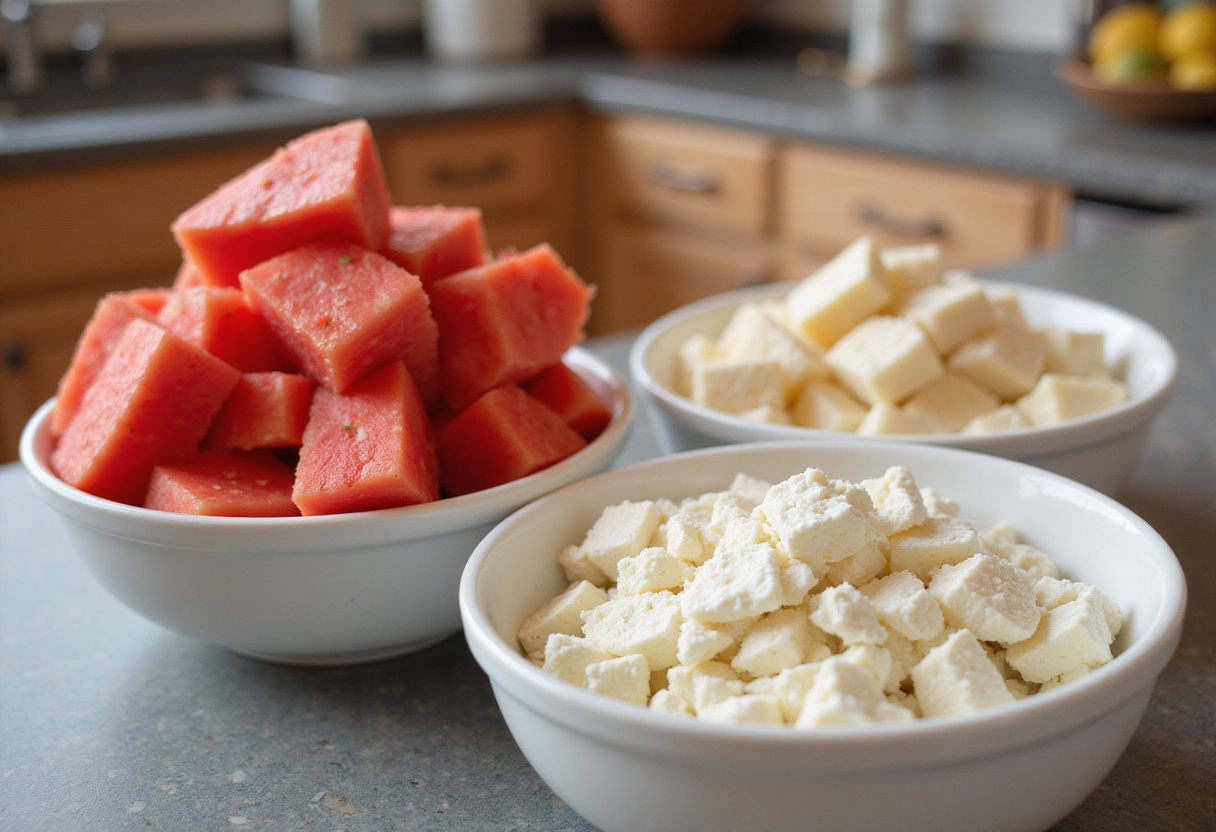 Ingredientes frescos de ensalada de sandía y feta dispuestos en el mostrador para preparar una ensalada de verano.
