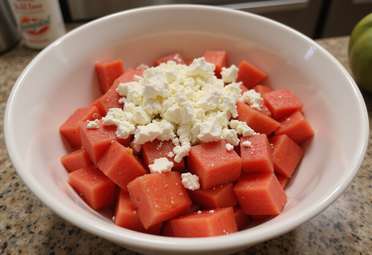 Preparando un bowl de ensalada de sandía y feta con capas de sandía fresca y queso feta desmenuzado.