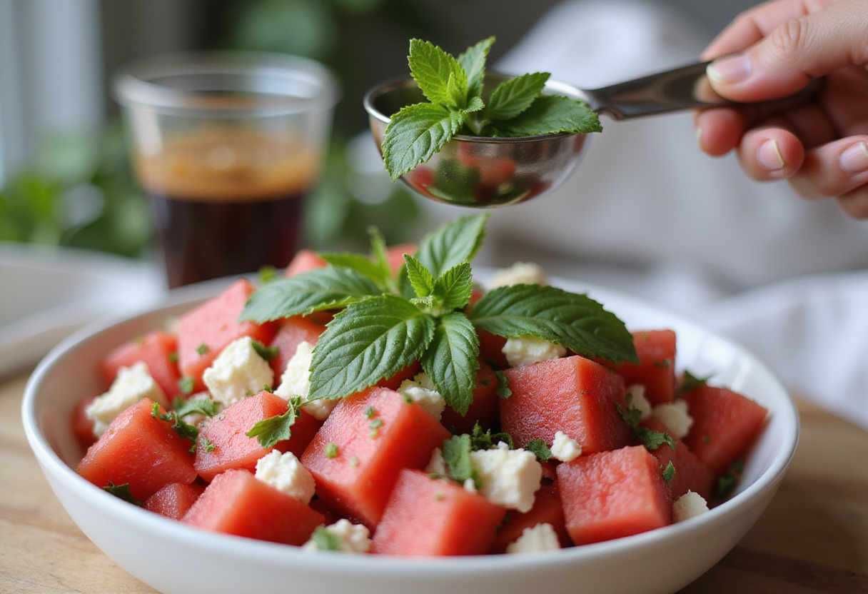 Hoja de menta fresca esparcida sobre la ensalada colorida de sandía y feta.