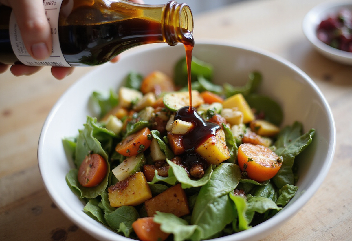 Glaseado balsámico añadido a la ensalada de sandía y feta para resaltar sus colores vibrantes.