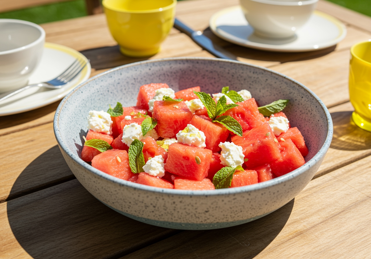 Bowl de ensalada de sandía y feta terminado, refrescante y colorido, ideal para disfrutar en verano.