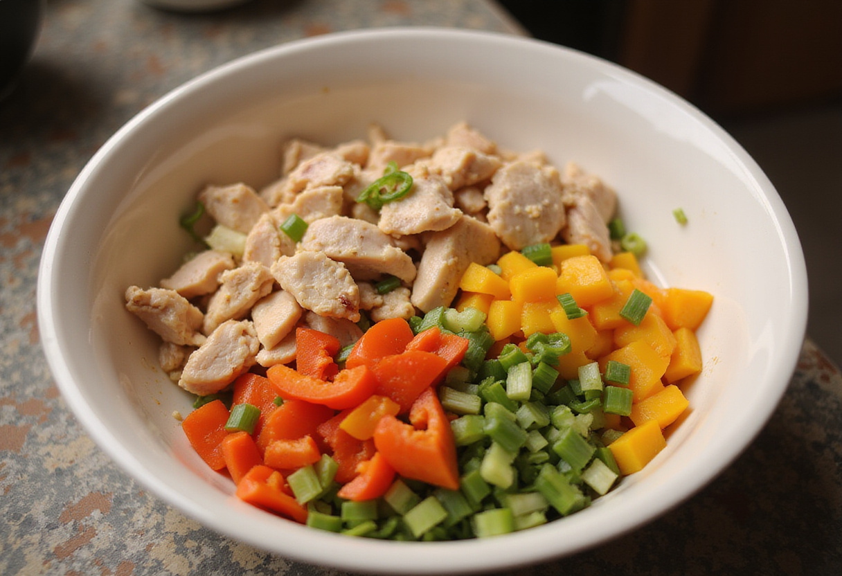 Bowl de Pollo Bang Bang con pollo desmenuzado y verduras picadas preparadas para la receta de pollo.