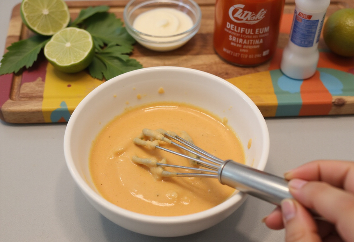 Salsa cremosa siendo preparada para el Bowl de Pollo Bang Bang, con mayonesa y sriracha.