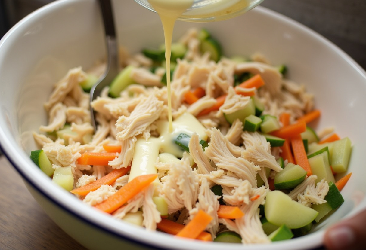 Pollo crujiente y verduras mezcladas con salsa cremosa en el Bowl de Pollo Bang Bang.