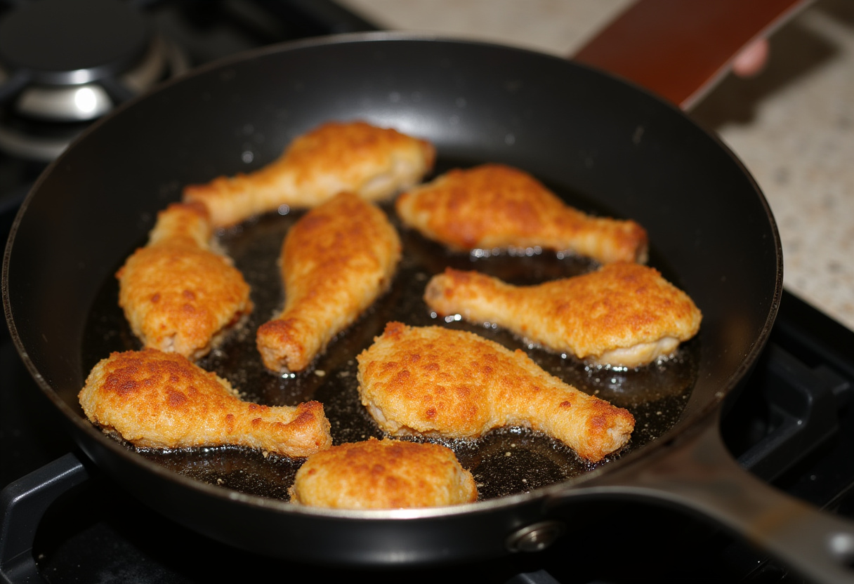 Pollo crujiente cocinándose en una sartén para el Bowl de Pollo Bang Bang.