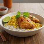 Bowl de pollo estilo callejero con elote y arroz, perfecto para disfrutar de una deliciosa comida.