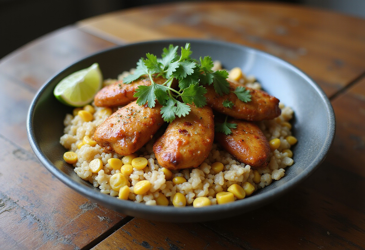 Bowl de pollo estilo callejero con elote y arroz, perfecto para disfrutar de una deliciosa comida.