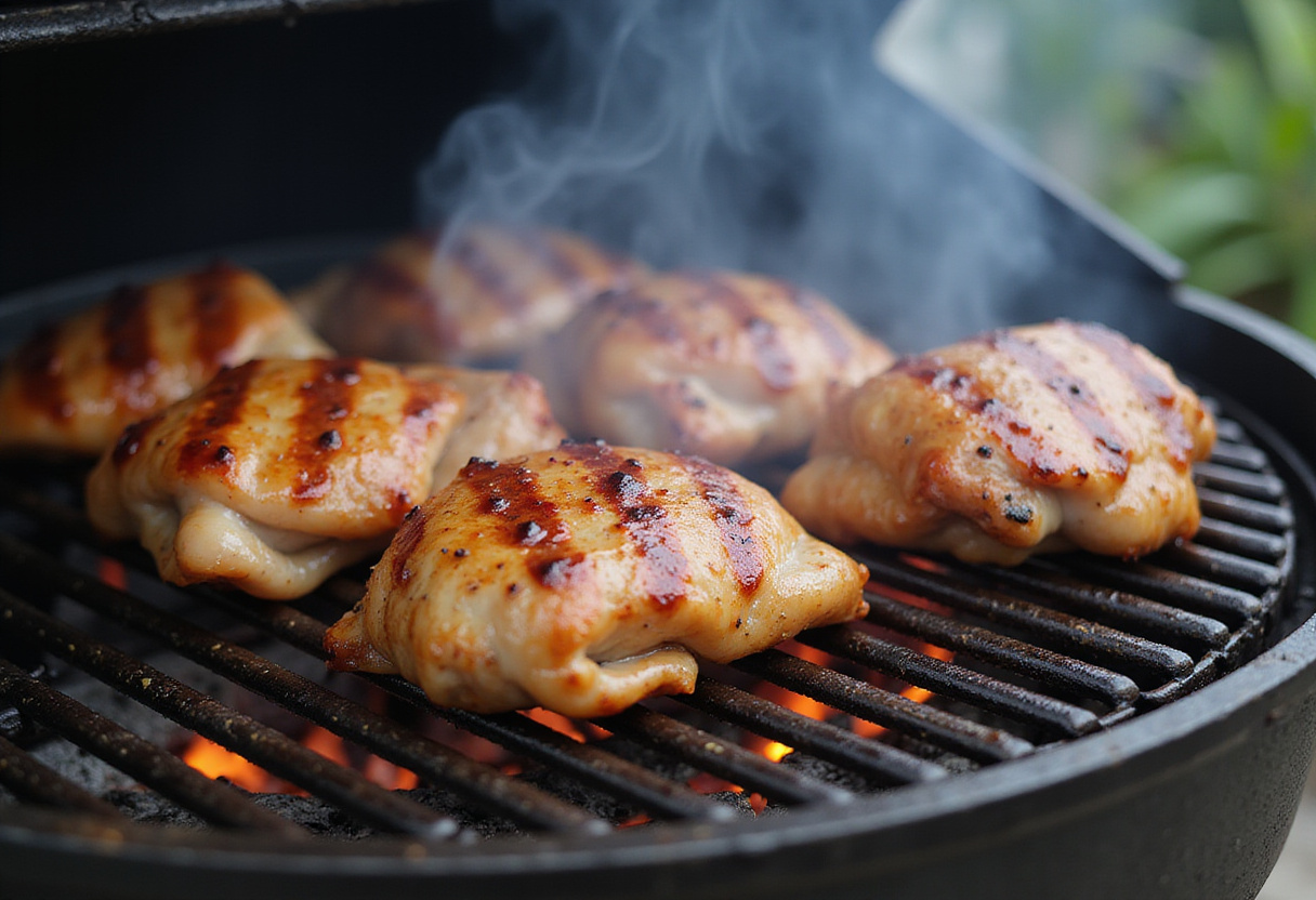 Pollo al grill cocinándose en la parrilla para un bowl de pollo callejero.