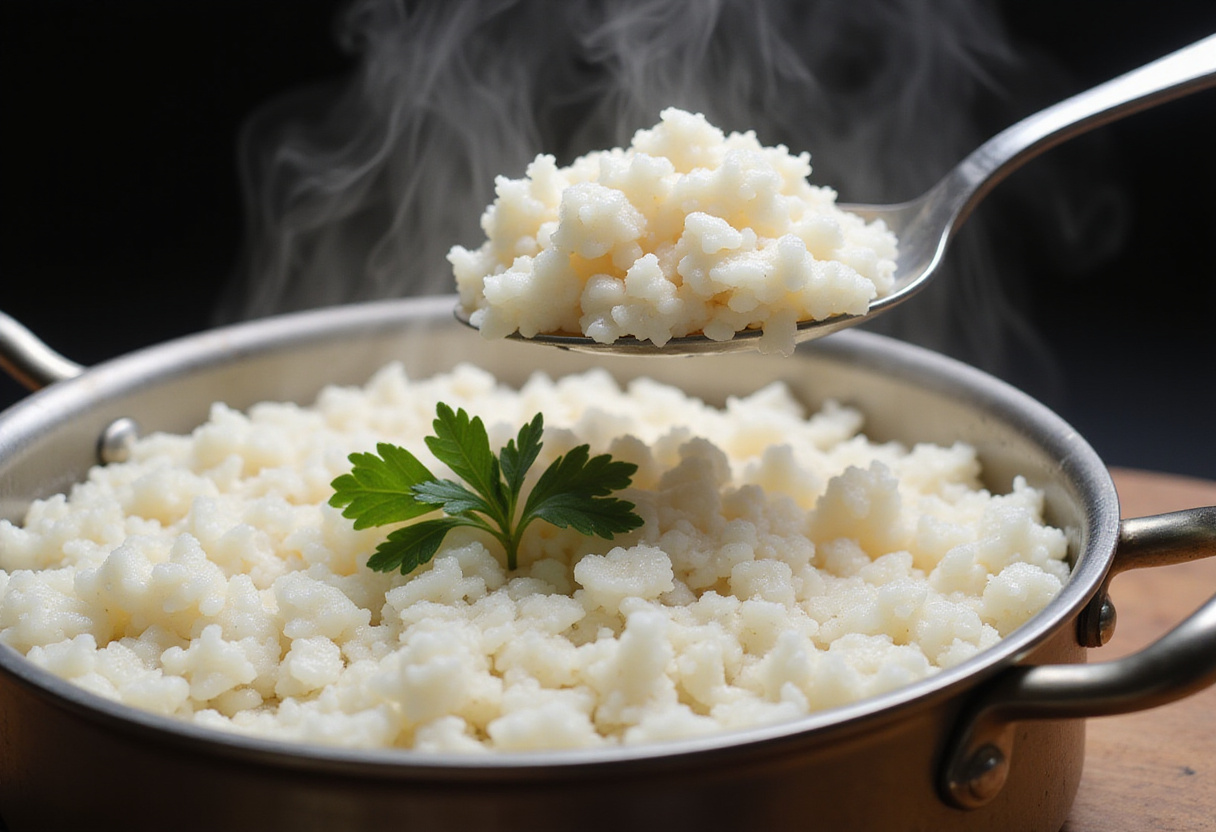 Arroz cocido y listo para mezclar en el bowl de pollo callejero.