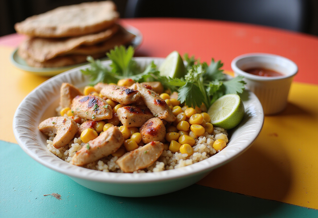 Bowl de pollo callejero con elote y arroz listos para servir y disfrutar.