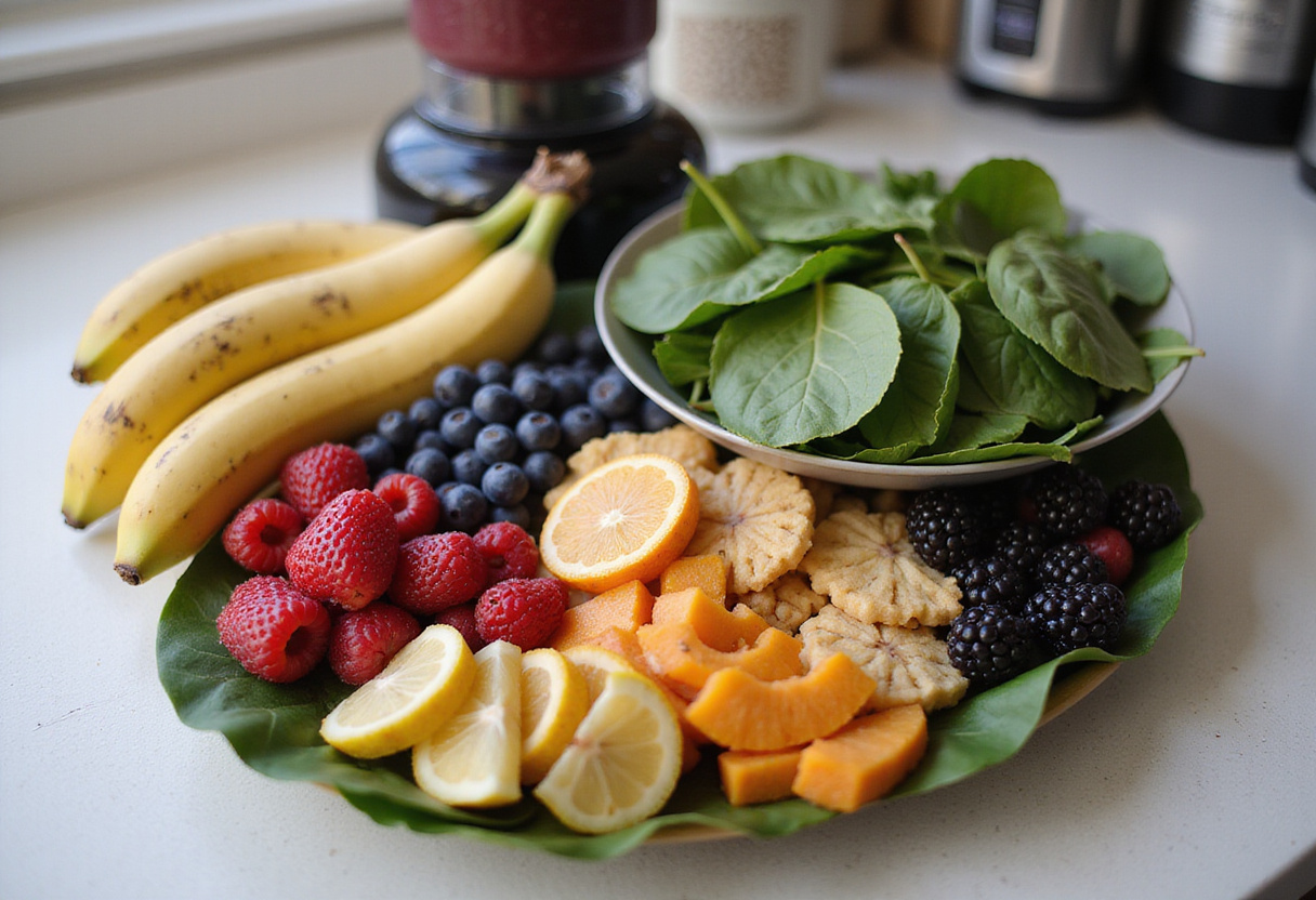 Fresh fruits and spinach prepared for a smoothie proteico bowl recipe.