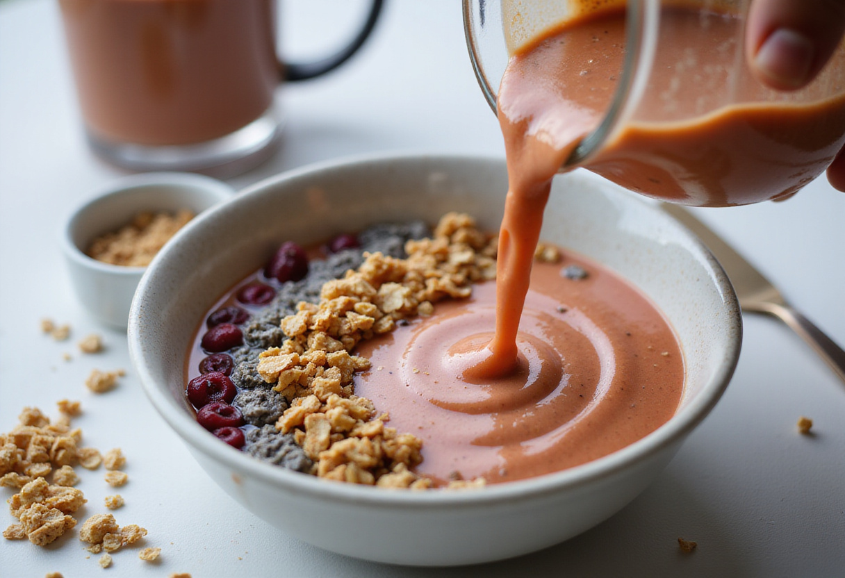 Pouring a creamy smoothie into a bowl for a colorful smoothie cremoso breakfast.