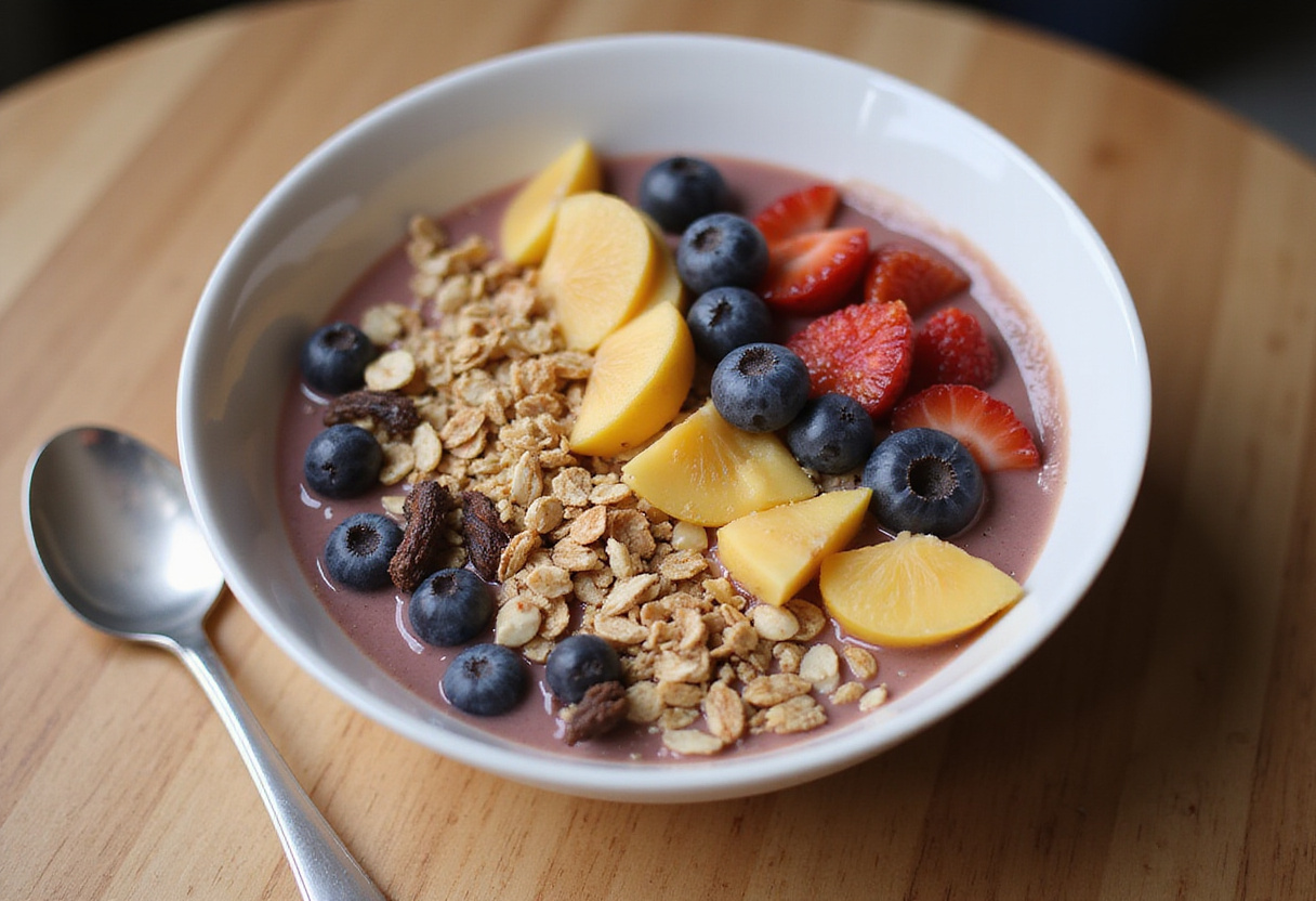 Decorating a smoothie bowl with healthy toppings for a nutritious batido de proteínas.