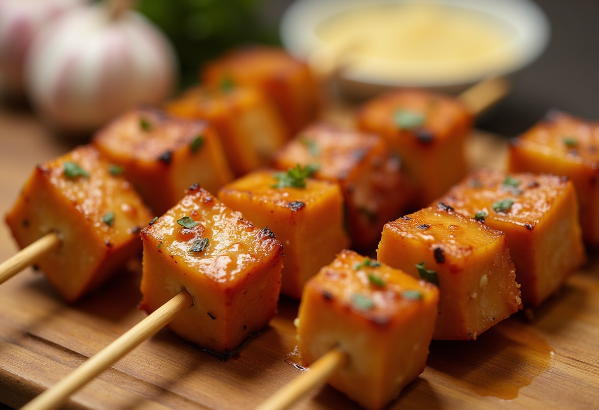 Brochetas de pollo marinado siendo preparadas para la parrilla con ajo y parmesano.