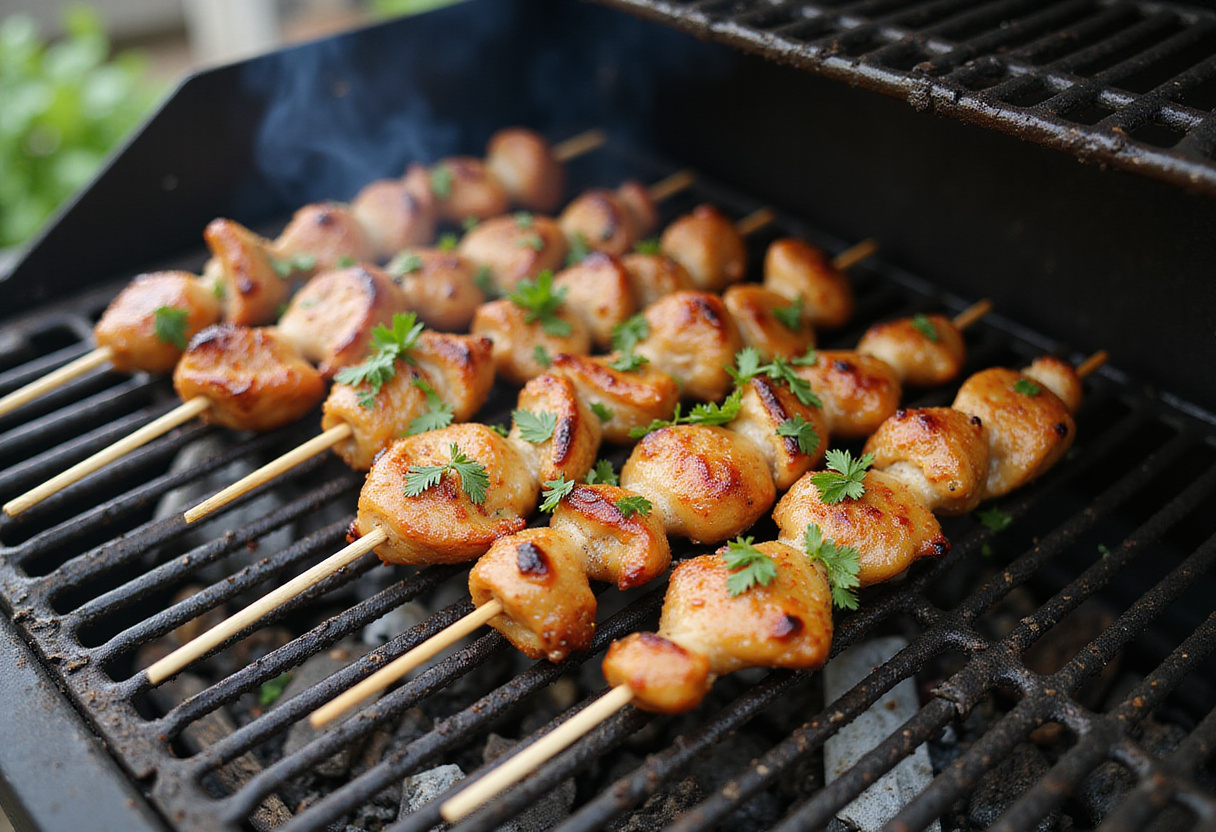 Brochetas de pollo a la parrilla siendo cocinadas en la parrilla con hierbas frescas.