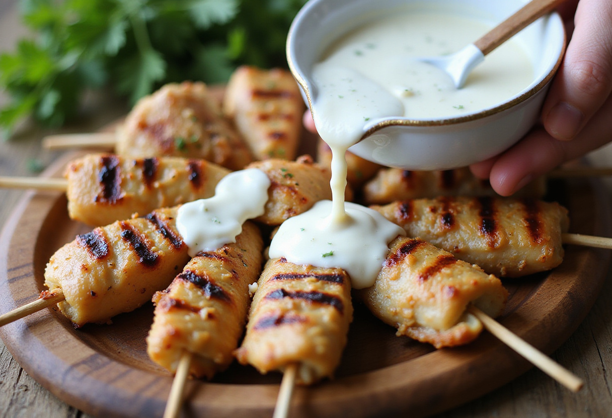 Aderezo ranch siendo vertido sobre brochetas de pollo a la parrilla para una deliciosa cena rápida.