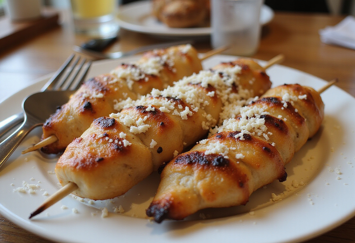 Brochetas de pollo a la parrilla con parmesano, listos para servir en una cena fácil.