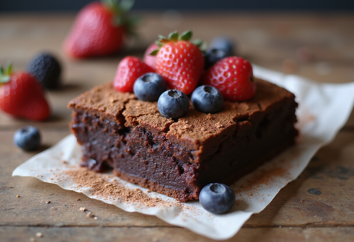 Brownie saludable decorado con frutas frescas, ideal para disfrutar sin culpa.