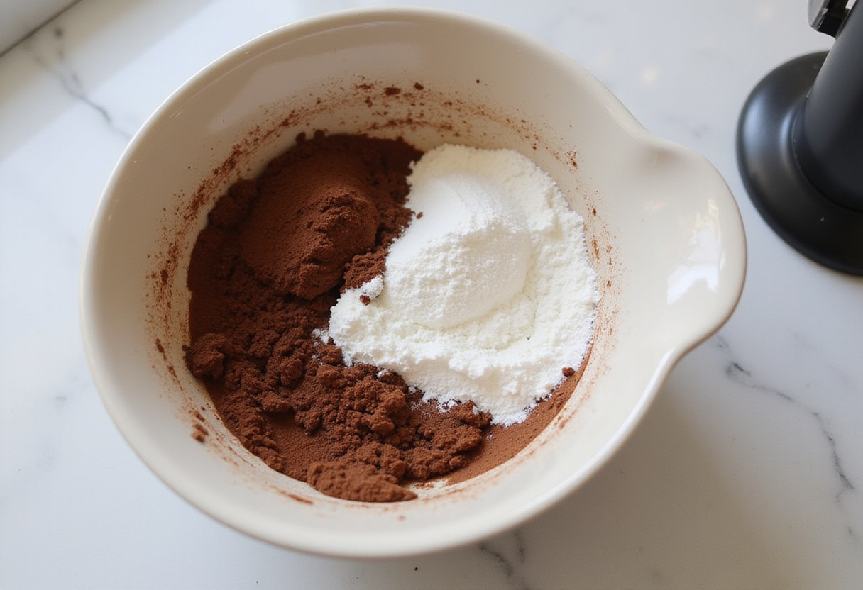 Mezcla de cacao y polvo de hornear para hacer brownie saludable sin harina.