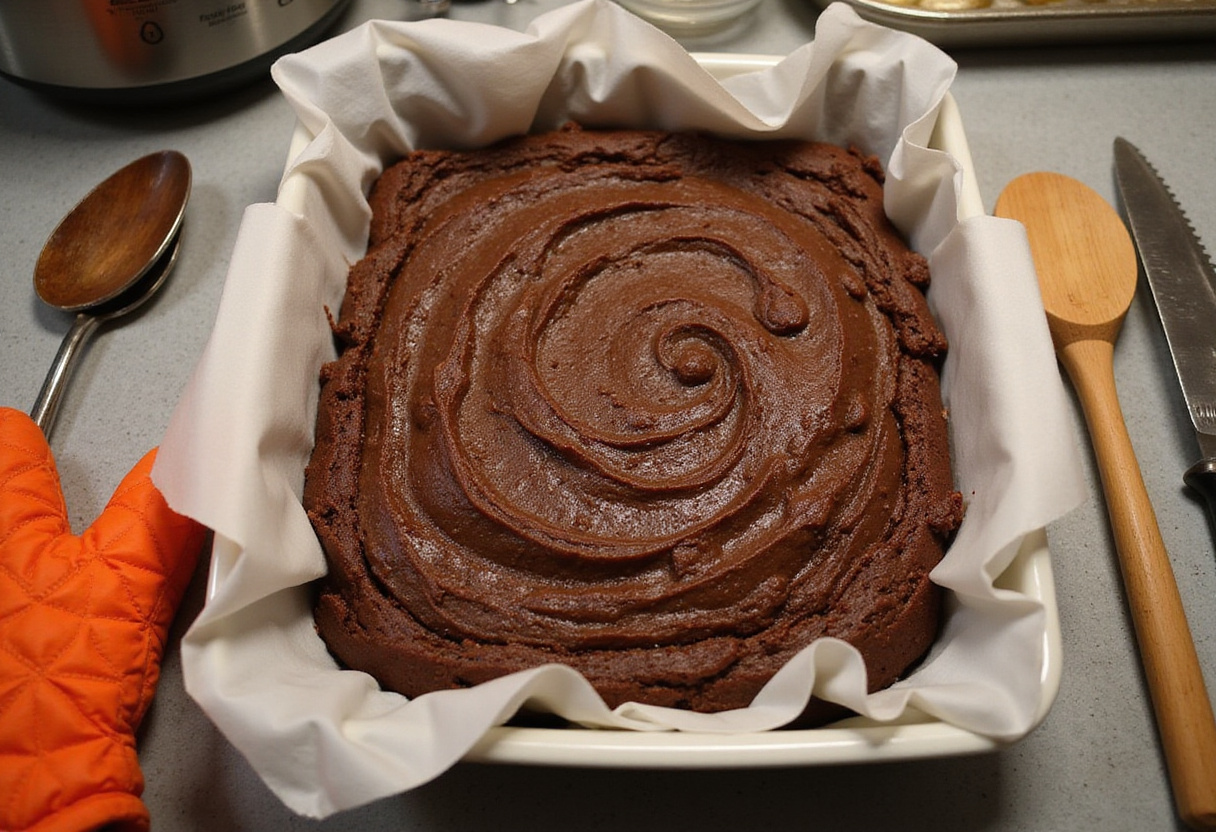 Mezcla de brownie saludable lista para hornear en un molde.
