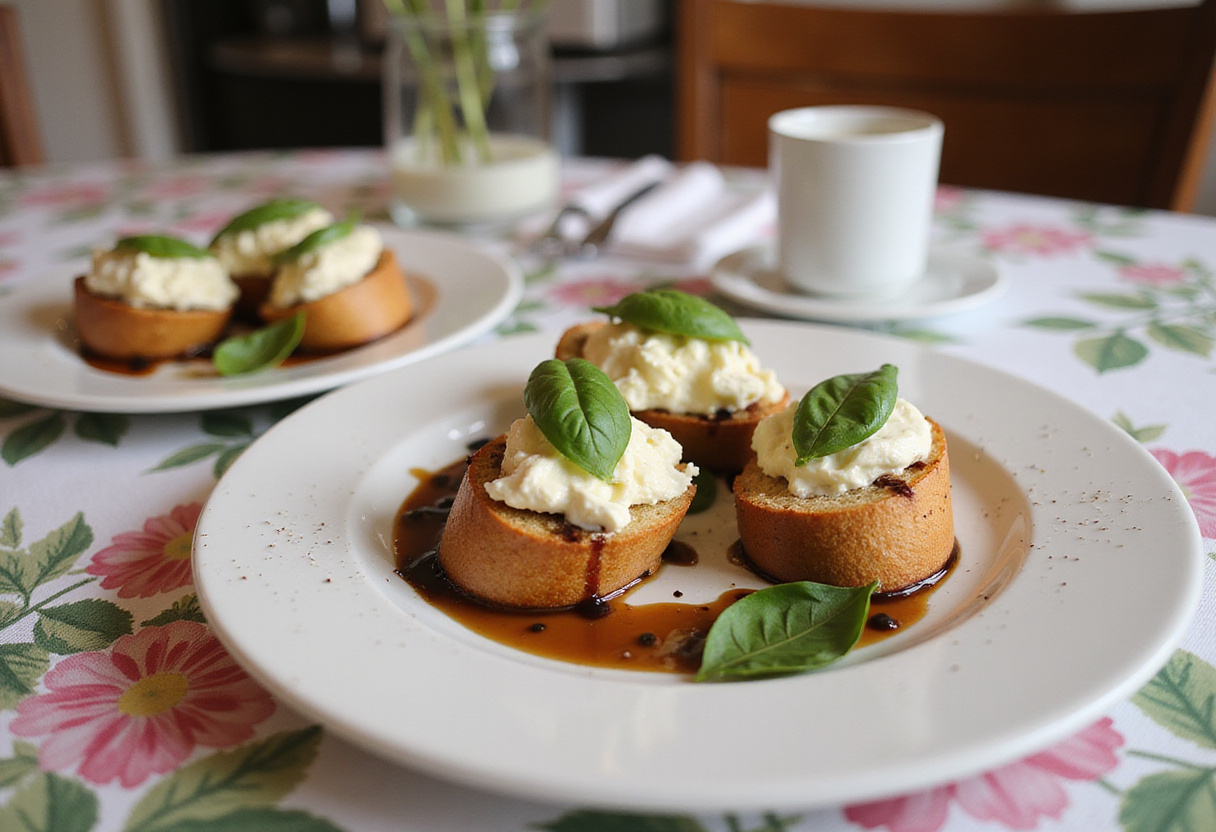 Delicious bruschetta con burrata served beautifully, an entree gourmet option for any occasion.