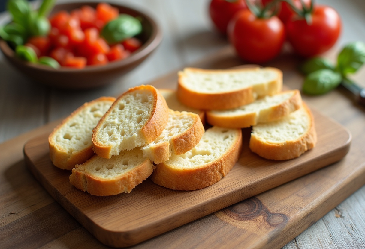 Sliced baguette arranged for bruschetta con burrata, perfect for una entrada gourmet.
