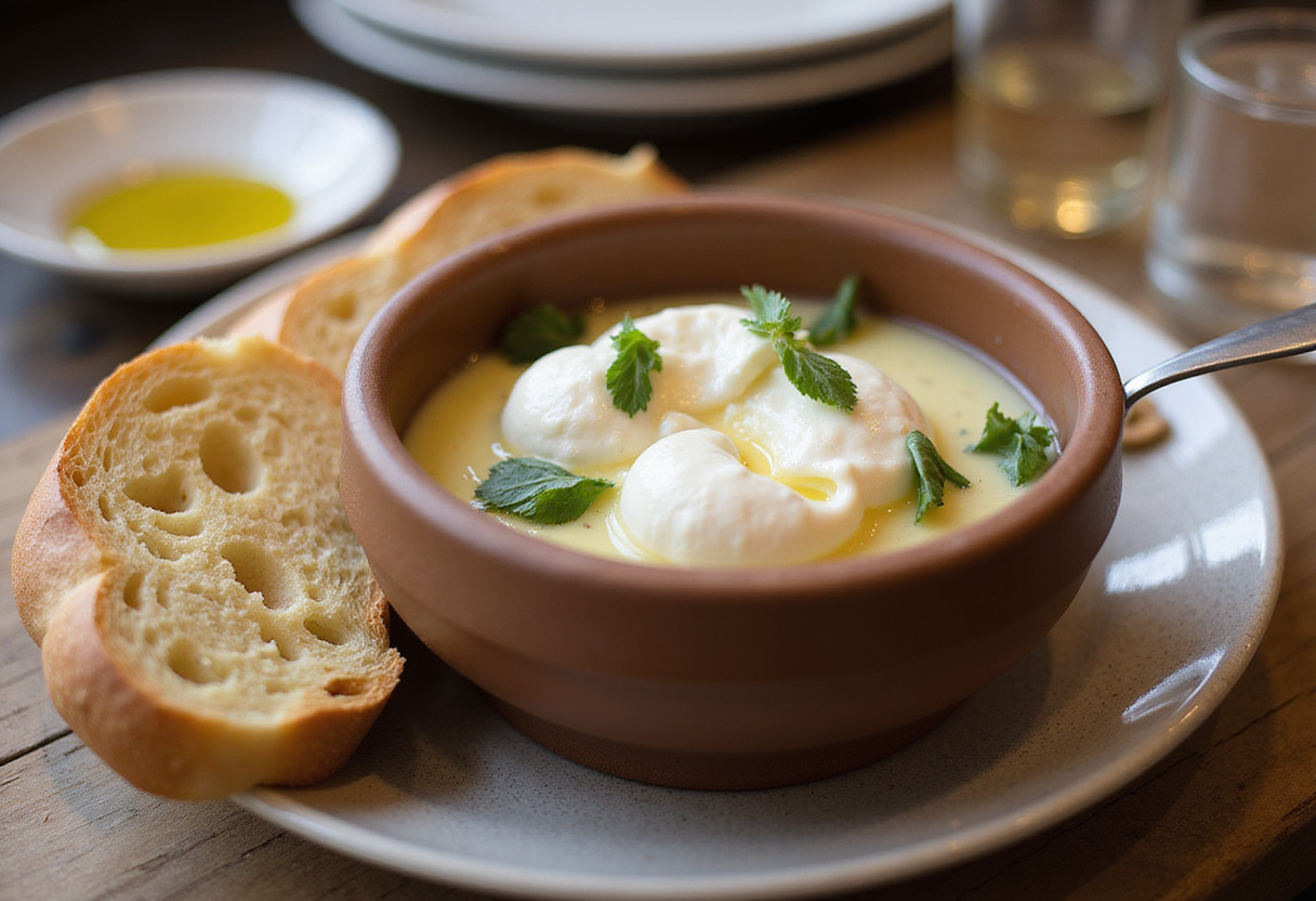 Creamy burrata cheese ready to be served with bruschetta con burrata recipe, ideal for aperitivo fácil.