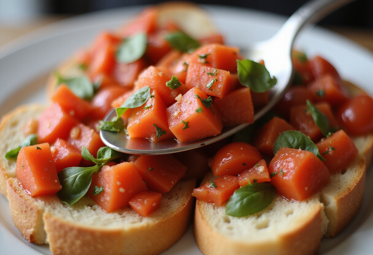 Tomato and basil mixture added on toasted baguette for bruschetta con burrata, a receta rápida to impress.